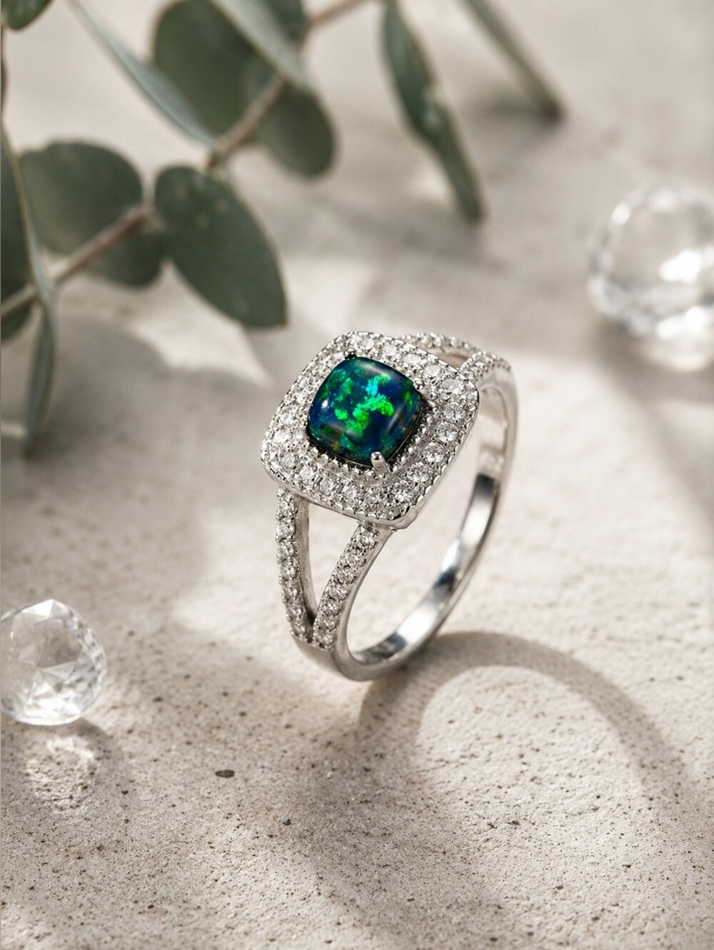 S925 Sterling Silver Lab Opal Halo CZ Split Shank Cocktail Ring Mermaidcore Sz 8